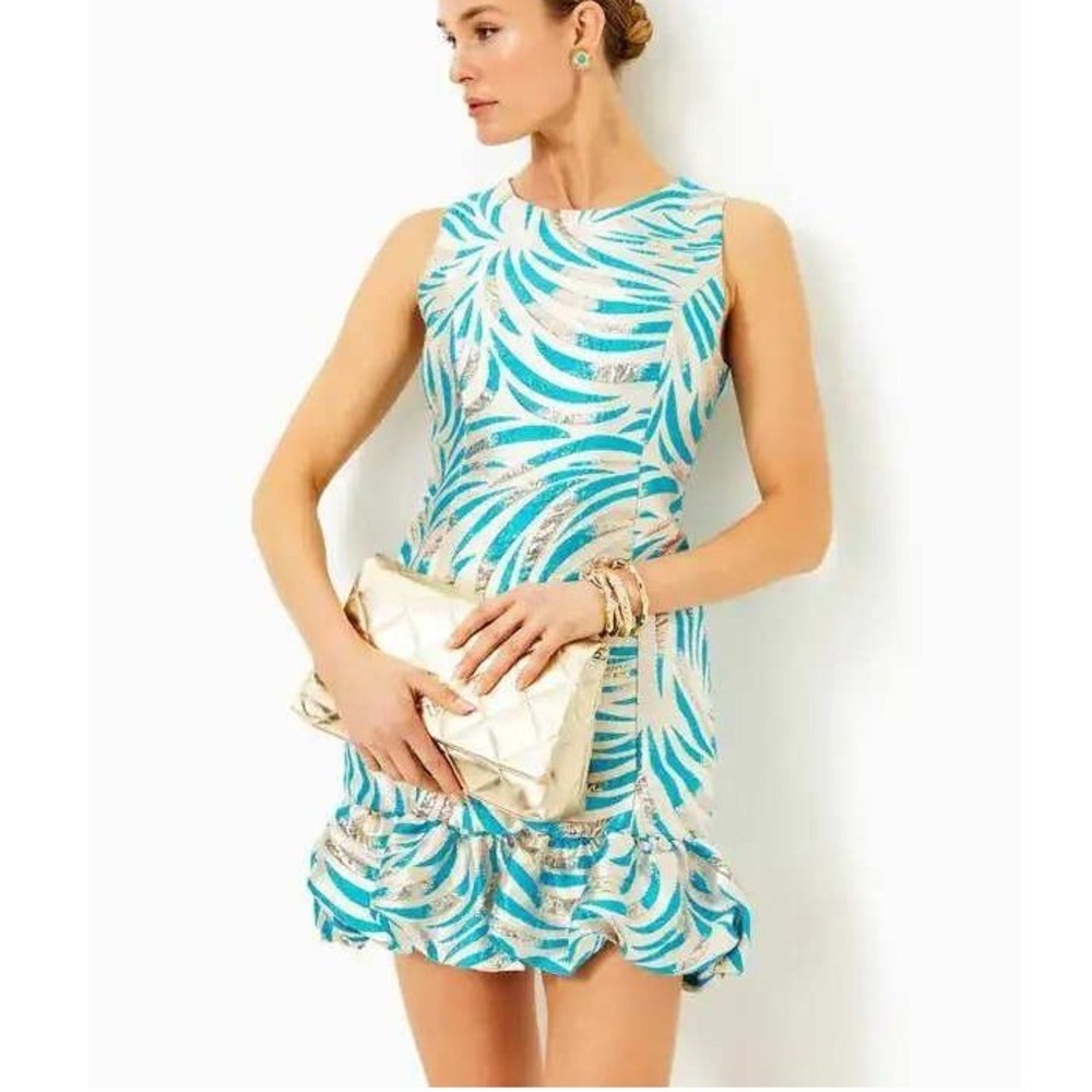 Lilly Pulitzer Faylinn Shift Dress Womens 4 Breezy Aqua Midnight Sparks Brocade